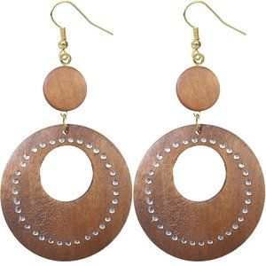 Brown Wooden Gemstone Drop Hoop Earrings